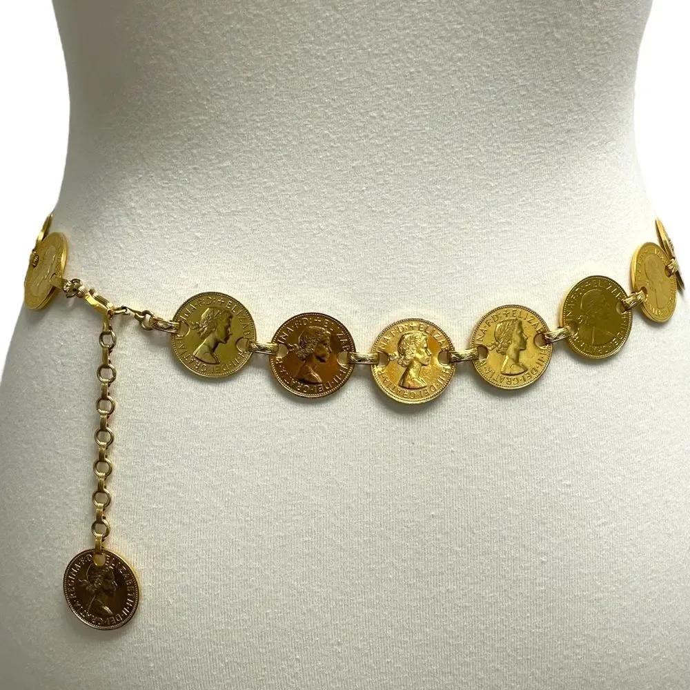 Vintage Queen Elizabeth II One Pense Coin Belt. Chain Coins belt Gold tone UK